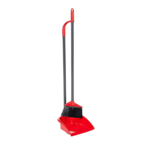 Red and black long handle dustpan with integrated broom combo for household cleaning